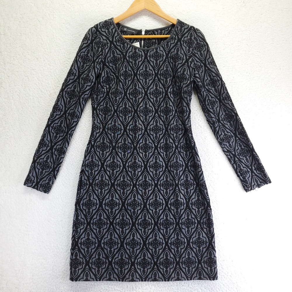INC International Concepts Damask Jacquard Sheath Dress Black‎ Grey Medium